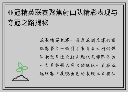 亚冠精英联赛聚焦蔚山队精彩表现与夺冠之路揭秘